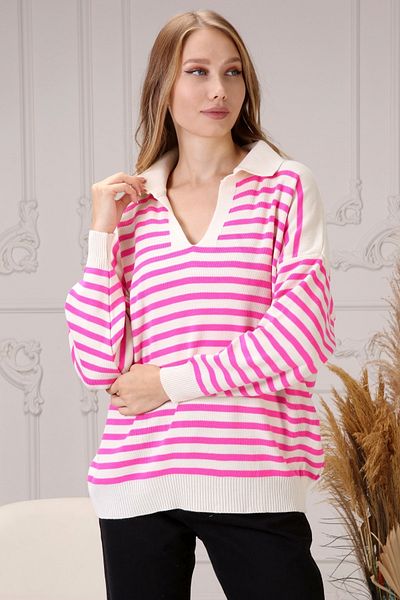 Luna Carina Tricot cu dungi roz de damă, pulover cu gât polo