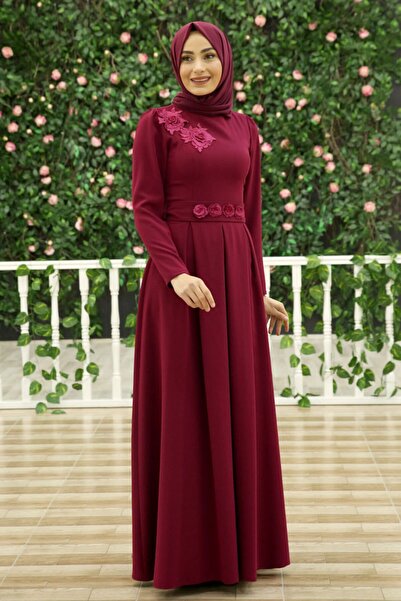 Feiza Collection Çiçek Detaylı Kemerli Tesettür Abiye Elbise - Fuşya