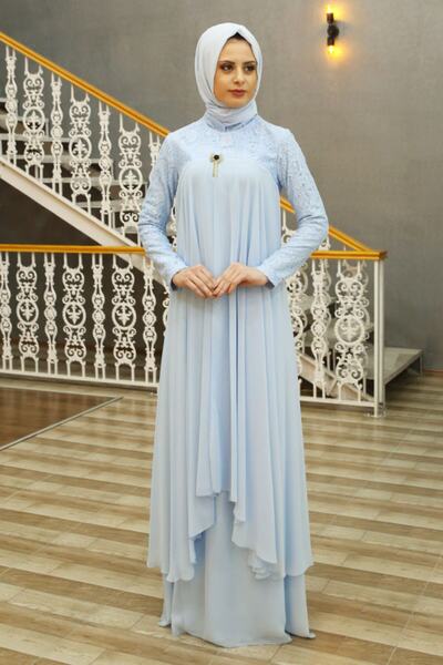 Feiza Collection Dantelli Tesettür Abiye Elbise - Bebe Mavisi