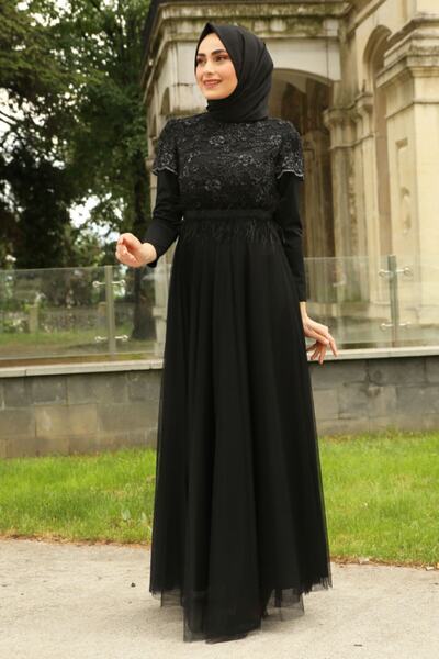 Feiza Collection Dantelli Tesettür Abiye Elbise - Siyah