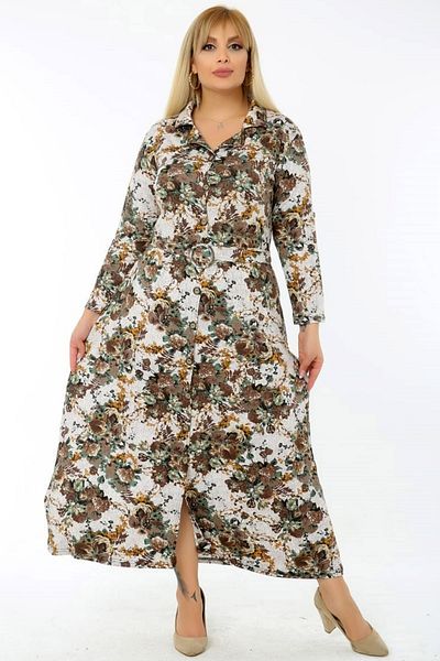 Kheos Floral Patterned Belted Long Sleeve Slit Shirt Dress