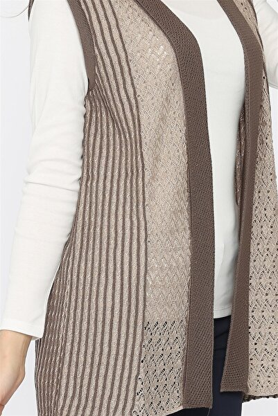 Uludağ Triko Жіночий жилет кольору візону та піску - круазе комір, мерсеризований дизайн