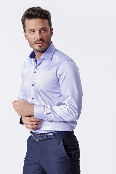 Ottomoda Erkek Desenli Mavi Uzun Kollu Pamuklu Regular Gömlek, Ot-c-20039