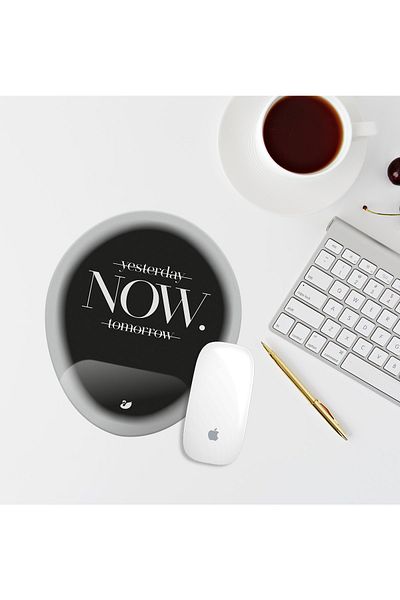 Özer Store Black and White Now Written Rectangular Mouse Pad with Wrist Support Mouse Pad