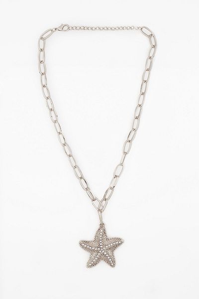 FORIVIA ACCESSORIES Silver, Crystal Stone Starfish Necklace
