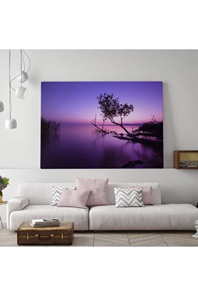 Piri Kanvas Tablo Oturma Odanız Için Mor Gün Batımı Ve Göl Ağaçları Kanvas Tablo