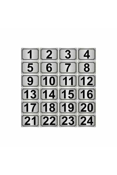 Özarslan Dizayn 3.5 × 5 سم رقم لاصق معدني لاصق معدني (1...24) 24 قطعة معدنية فضية اللون
