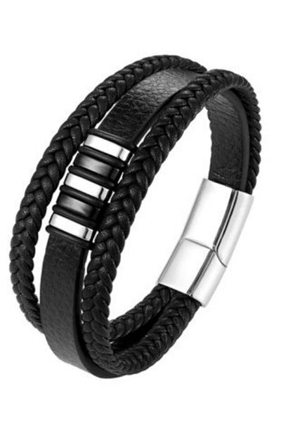 Gogoey Men's Bracelet Leather Model - Black Silver Straw Knitted Stylish Modern