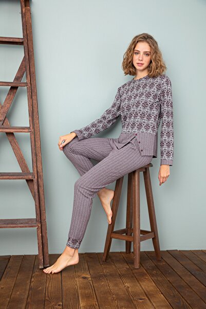 Sevim بدلة بيجامة نسائية منقوشة باللون العنابي