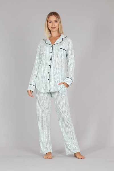 Lohussa Set pijama de maternitate pentru femei, verde mentă, cu nasturi în fa...