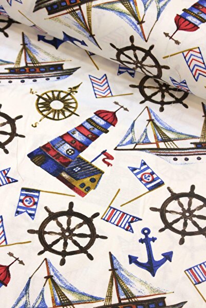 DECO Lacivert Kırmızı Gemiler Duck Keten Kumaş