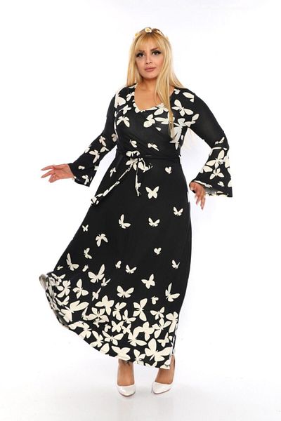 Mezura Women's Plus Size Autumn/winter Double Breasted Collar Flounce Crepe Fabric Long Dress Suitable for Hijab
