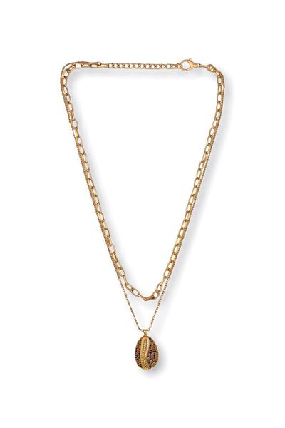 FORIVIA ACCESSORIES Gold Double Colored Zircon Chain Sea Shell Necklace