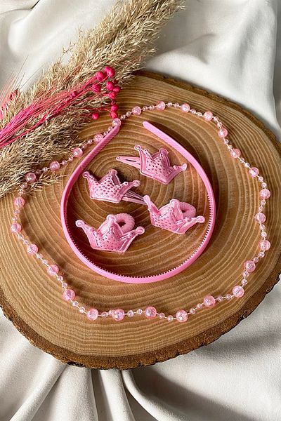 TAKIŞTIR Light Pink King Crown Figured Children's Necklace and Buckle Set