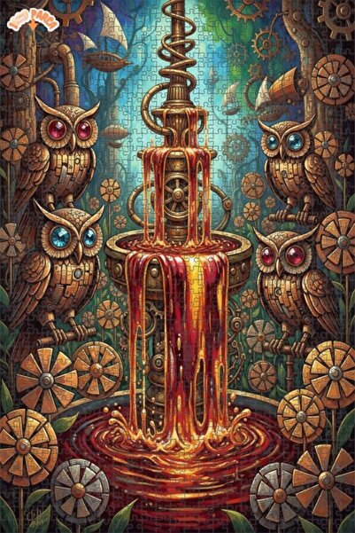 Esranın Dünyası Steamy Owl Fountain Oil Painting Look Wooden Puzzle with Doub...