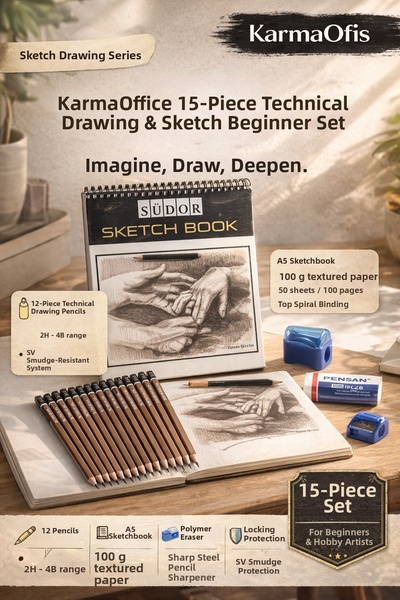 KarmaOfis 15 Piece Technical Drawing and Sketching Starter Set A5 Notebook 12...
