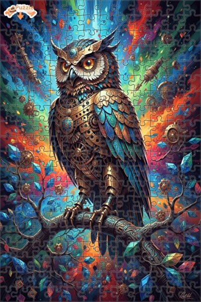 Esranın Dünyası Steampunk Owl Oil Painting Look Double Layer Framed Wooden Pu...