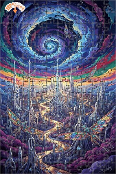 Esranın Dünyası Fantastic City Winged Creatures Oil Painting Double-Layer Fra...