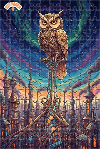 Esranın Dünyası Mechanical Owl Cityscape Oil Painting Double-Decker Framed Wo...