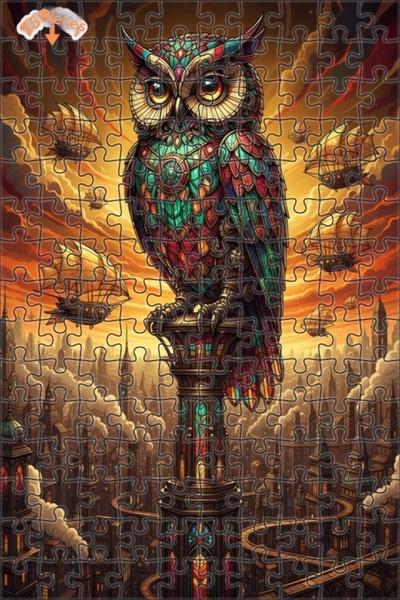 Esranın Dünyası Steam City Owl Oil Painting Lookalike Double-Layer Framed Woo...