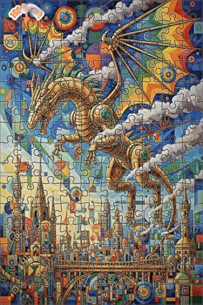 Esranın Dünyası Mechanical Dragon Oil Painting Look Double Layer Framed Woode...