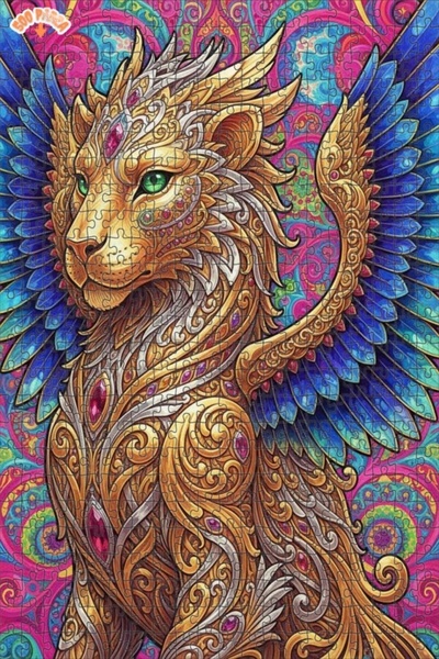 Esranın Dünyası Golden Winged Mythological Lion Oil Painting Look Wooden Puzz...