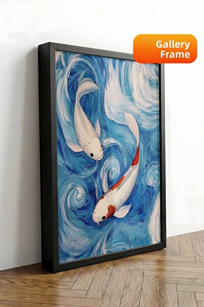 Zestia Πίνακας σε καμβά με μαύρο πλαίσιο Koi Fish Blue Waves Ιαπωνικού στυλ P...