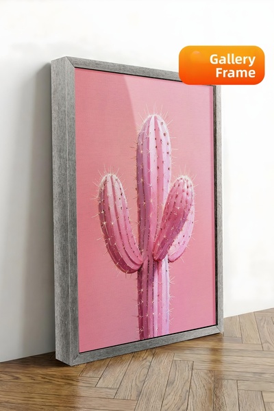 Zestia Tablou pe pânză înrămat cu argint, desen minimalist cu cactus, Seria P...