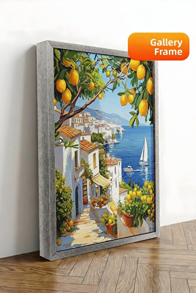 Zestia Πίνακας σε καμβά με ασημένιο πλαίσιο Μεσογειακή ακτή με λεμονόδεντρα κ...