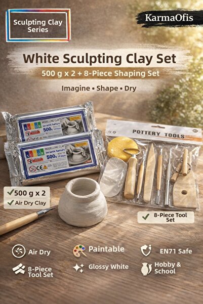 KarmaOfis White Ceramic Clay Set 500 Gr X2 + 8 Piece Shaping Tools |   Air Dr...