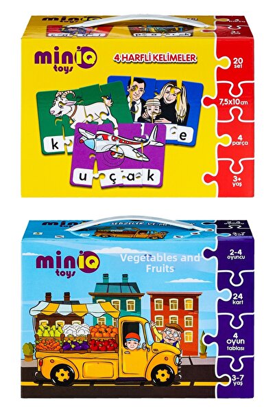 minİQ toys كلمات مكونة من 4 أحرف + مجموعة من 2 أحجية تعليمية للخضروات والفواكه