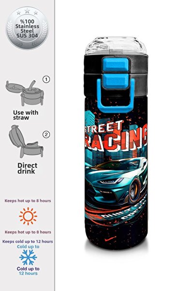 Coral High Kids Nefti Race Car Patterned Steel Thermos with Straw and Direct ...