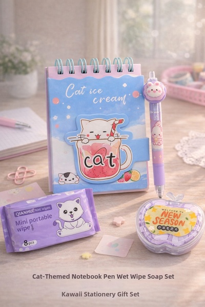 matheon 4-Piece Girl's Gift Set with Cat |   Notebook Pen Mini Wet Wipes Cute...