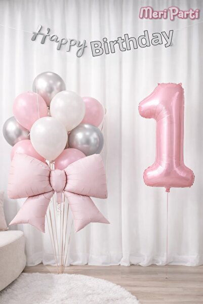 MERİ PARTİ Σετ μπαλονιών γενεθλίων με φιόγκο σε ροζ και ασημί αποχρώσεις, μπα...