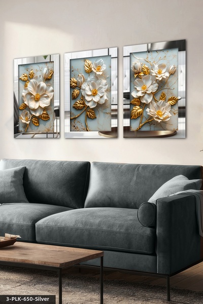 Evinemoda Λευκό λουλούδι με χρυσά φύλλα 3 τεμάχια ζωγραφική με καθρέφτη από π...