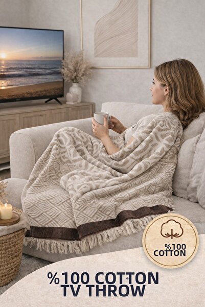 Ascotton 100% Cotton Woven Tv Blanket Si – 130X170 cm (Brown-Beige)