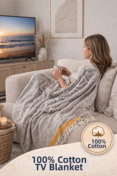 Ascotton 100% Cotton Woven Tv Blanket Si – 130X170 cm (Grey-Yellow)