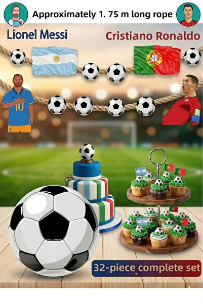 abjad Ronaldo Messi 32 Piece Football Birthday Ornament Banner Cake Topper Cu...