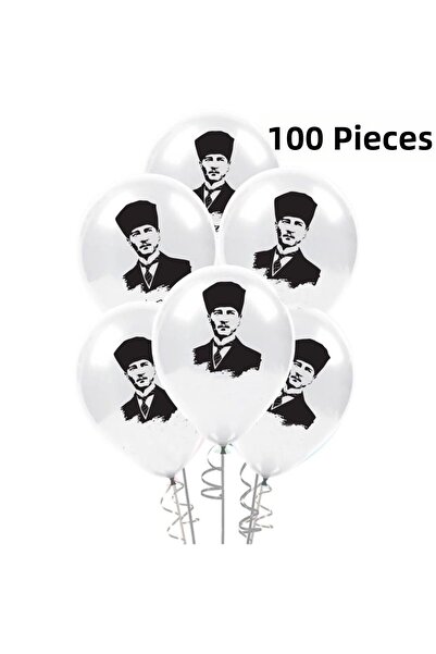 partidolu Ataturk Printed Latex Balloons Black on White Color 100 Pieces Show