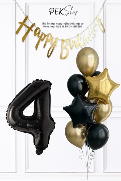 PEKSHOP مجموعة بالونات عيد الميلاد بعمر 4 سنوات مع بالونات أرقام سوداء ولافتة...