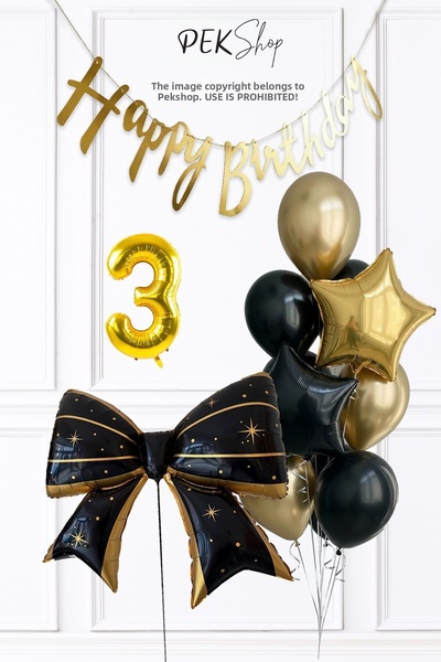 PEKSHOP Black Gold Theme Birthday Balloon Set with Bow, Star and Balloon Banner