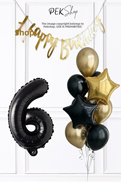PEKSHOP مجموعة بالونات عيد الميلاد بعمر 6 سنوات مع بالونات أرقام سوداء ولافتة...