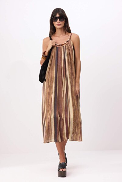 Trendyol Collection Brown Patterned Seashell Accessory Detailed Woven Dress T...