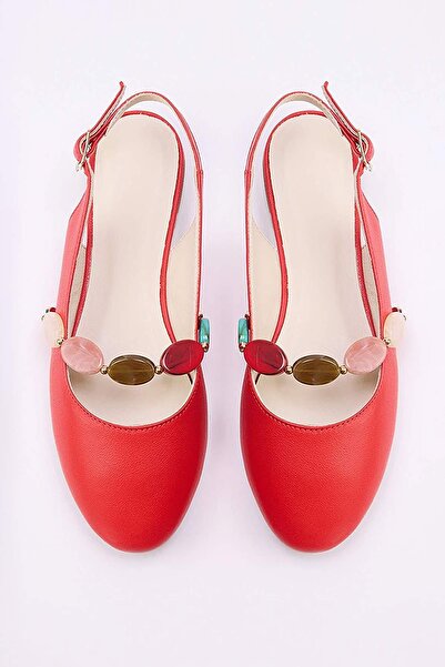 TRENDYOL SHOES Rote Damen-Ballerinas aus echtem Leder mit Perlendetails TAKSS...