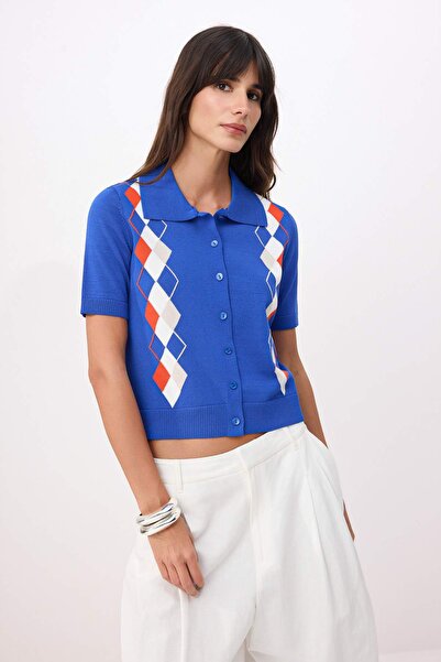 Trendyol Collection Cobalt Summer Special Yarn B Diamond Patterned Knitwear C...