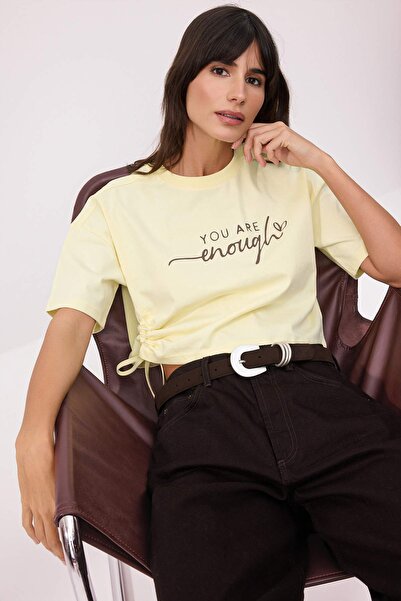 Trendyol Collection Light Yellow Slogan Boxy Low-Cut Short Sleeve 100% Cotton...