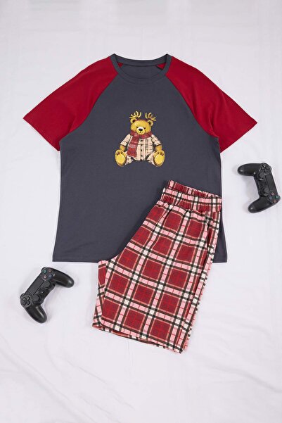 Trendyol Collection Burgunderfarbenes, kariertes Pyjama-Set mit Teddybär-Prin...