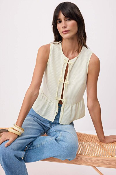 Trendyol Collection Yellow Striped Front Tie Detail Sleeveless Woven Blouse T...