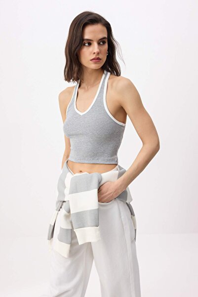 Trendyol Collection Gray Melange Fitted/Body-Fitting Halter Neck Tie-Detail P...