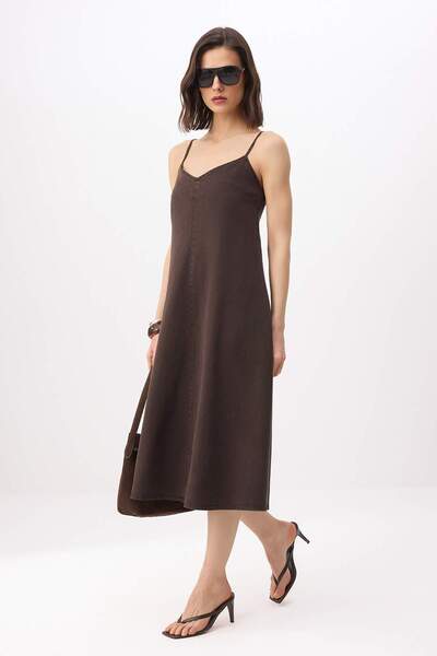 Trendyol Collection Brown Straight Midi Denim Dress Twoss25El00859